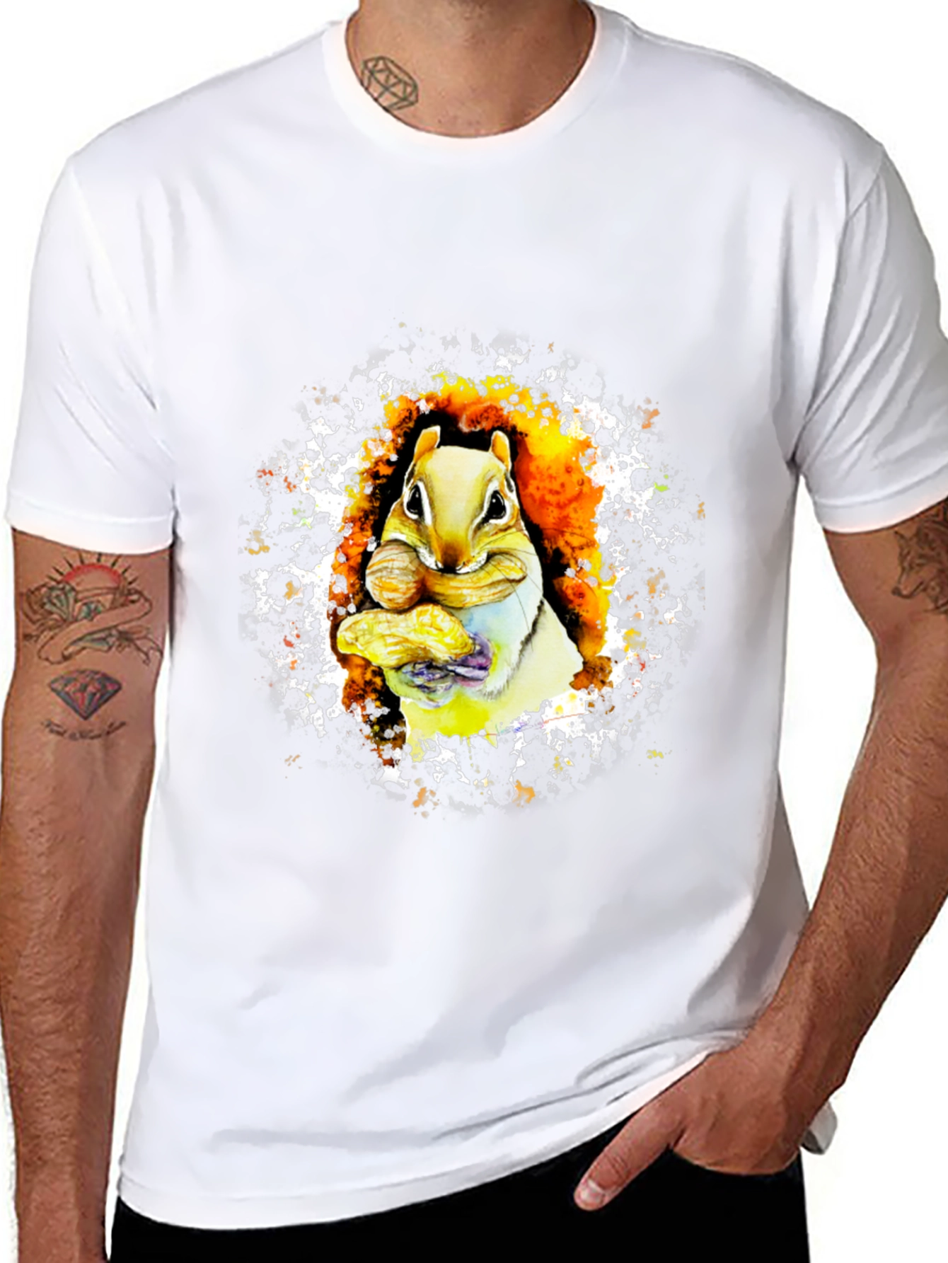 Squirrel Eating Nut Graphic Black T-Shirt