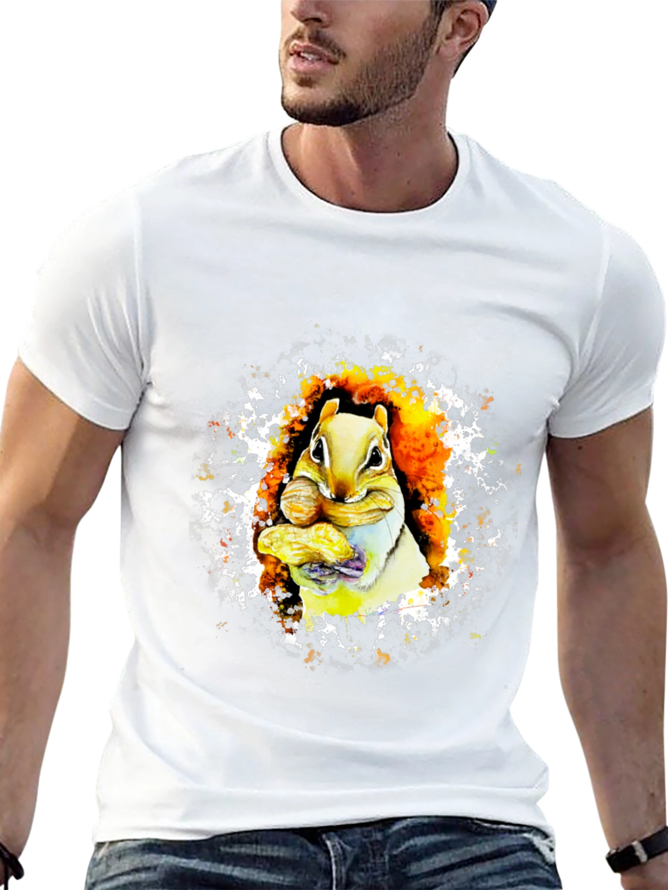 Squirrel Eating Nut Graphic Black T-Shirt