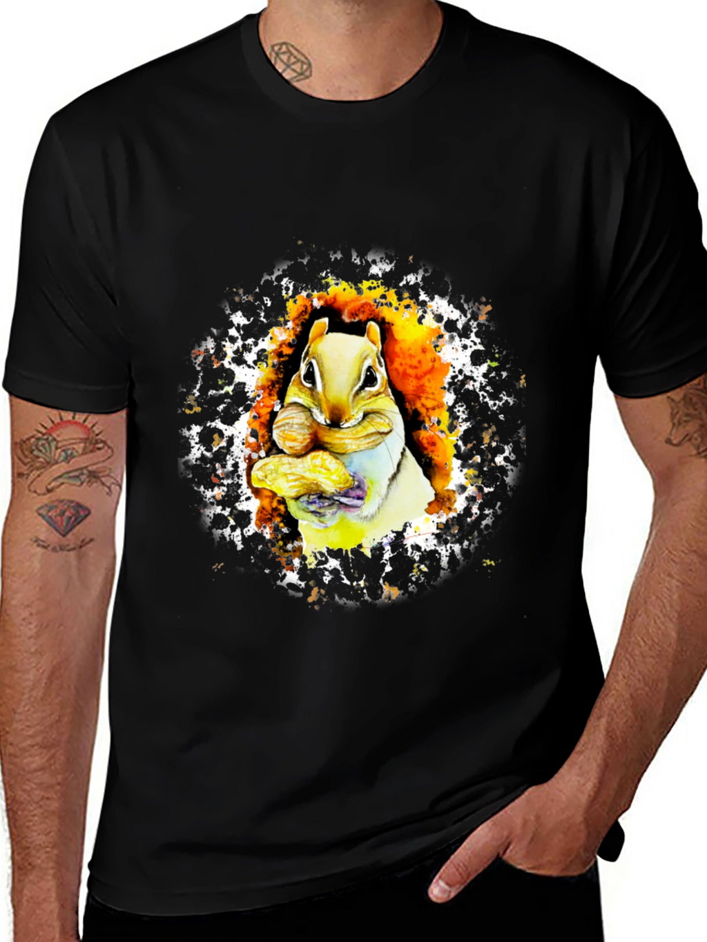Squirrel Eating Nut Graphic Black T-Shirt