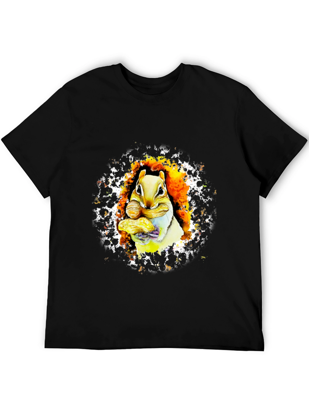 Squirrel Eating Nut Graphic Black T-Shirt