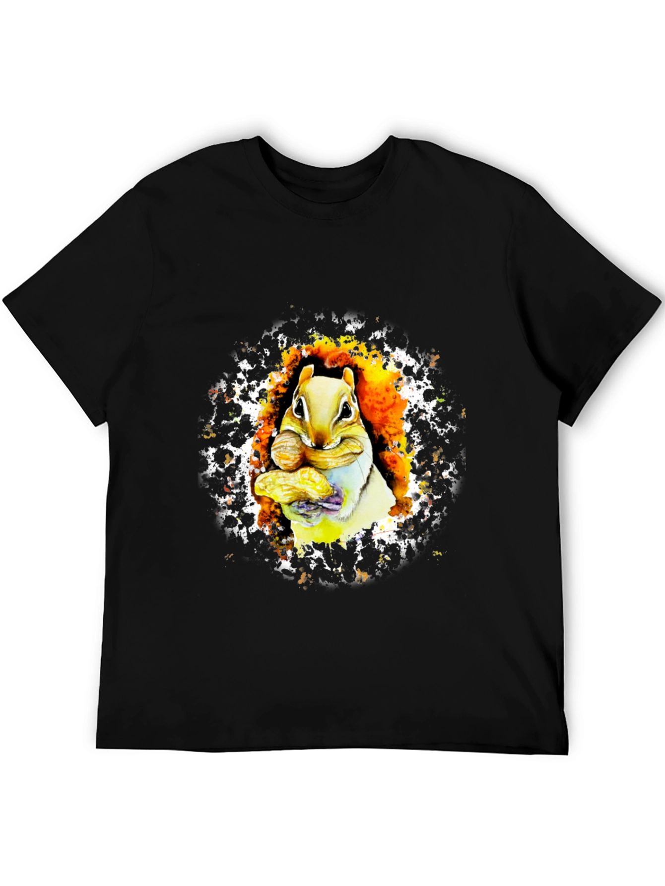 Squirrel Eating Nut Graphic Black T-Shirt