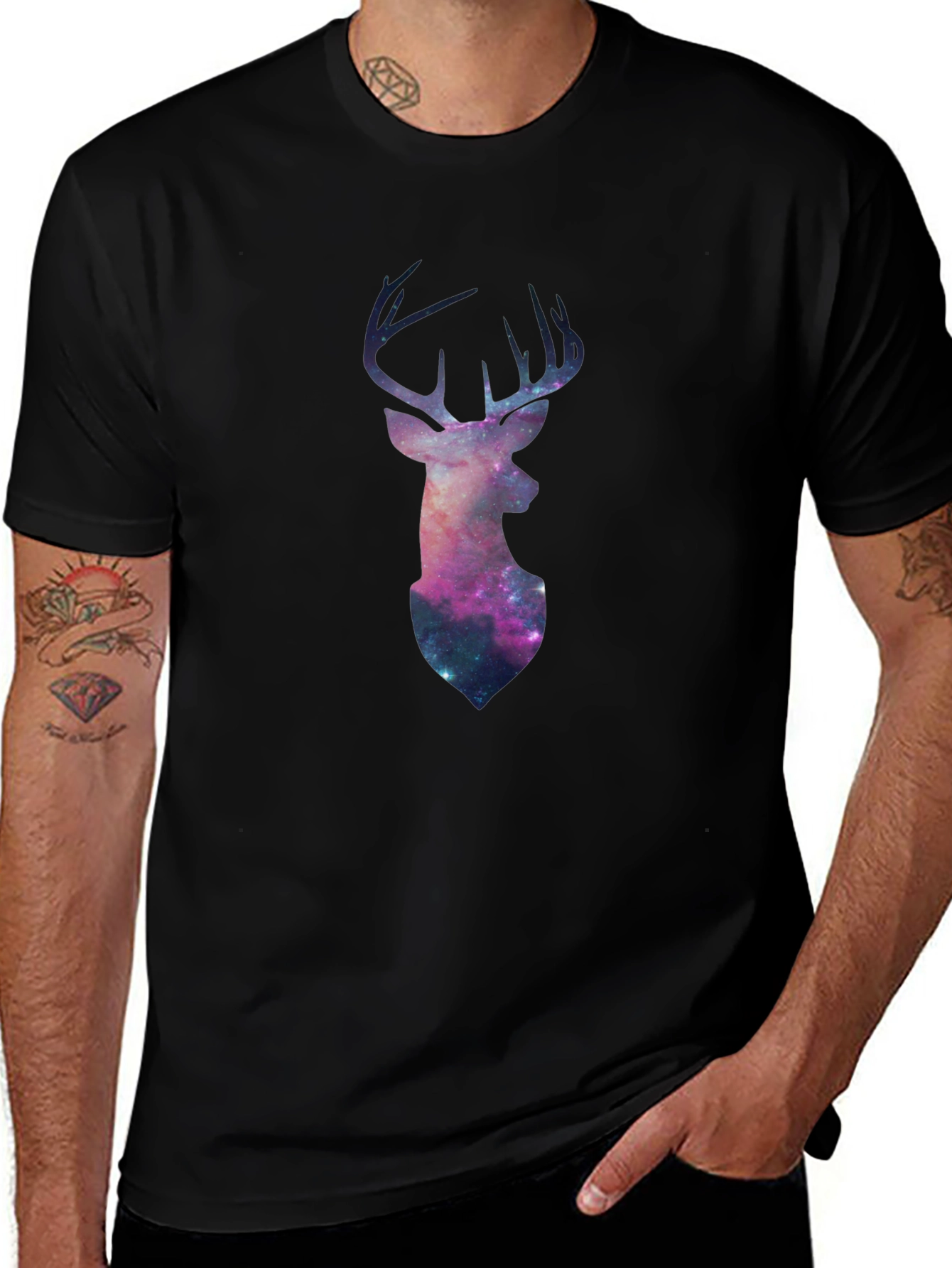 Galaxy Deer Graphic Tee - Black Casual T-Shirt