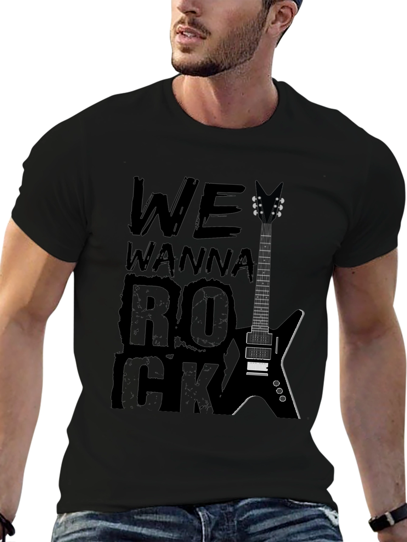 We Wanna Rock Guitar Graphic T-Shirt - Black