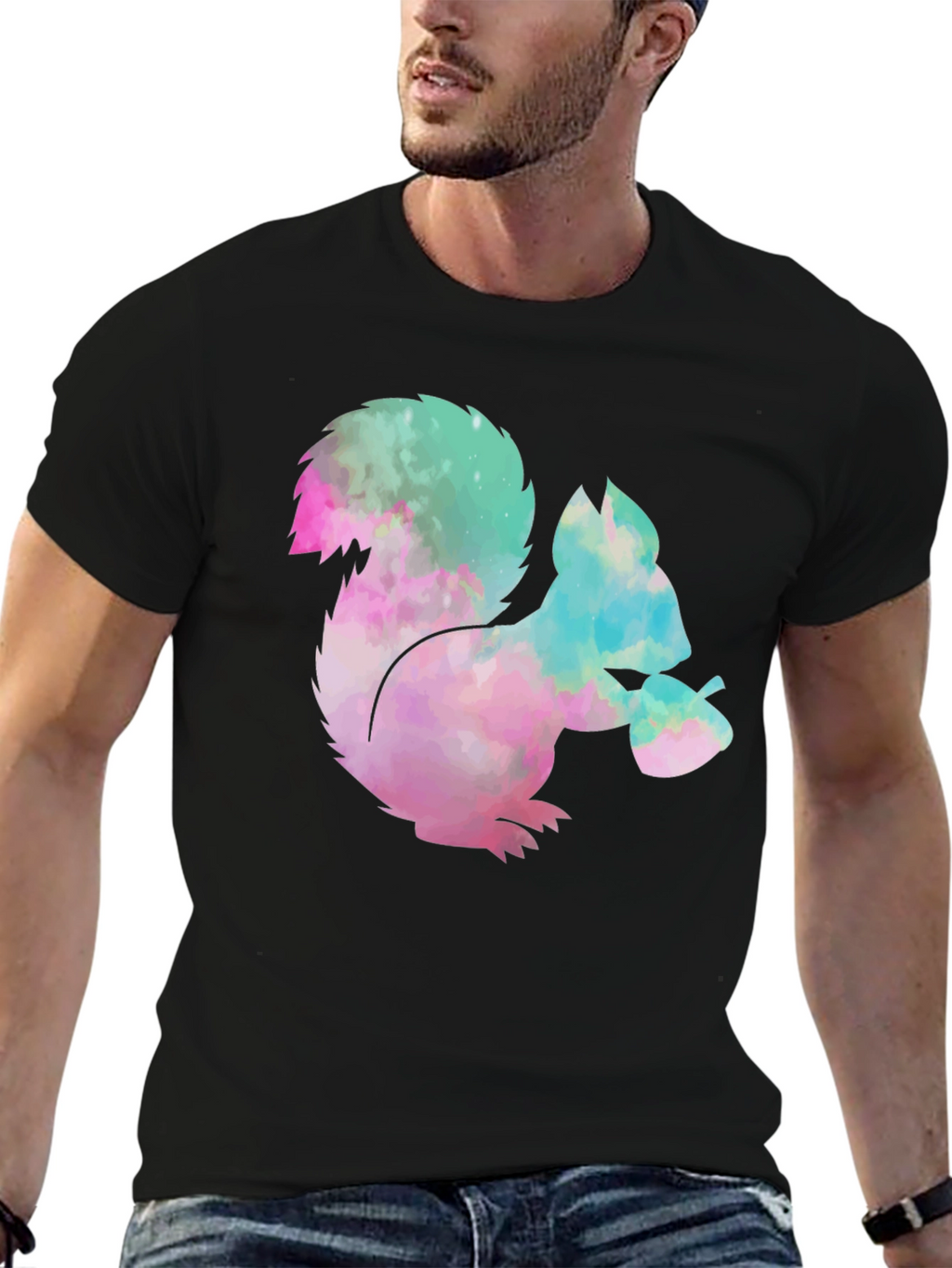 Squirrel Tie-Dye Graphic T-Shirt - Black Cotton Tee