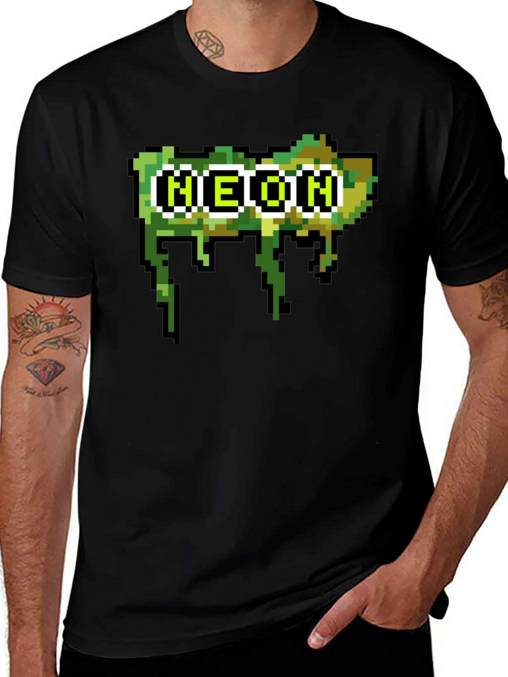 Pixelated Neon Text Black Tee