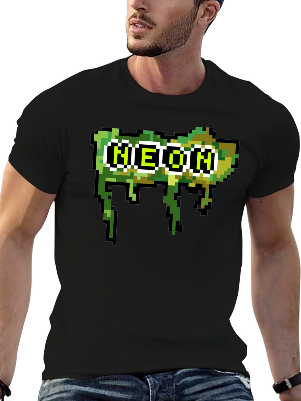 Pixelated Neon Text Black Tee