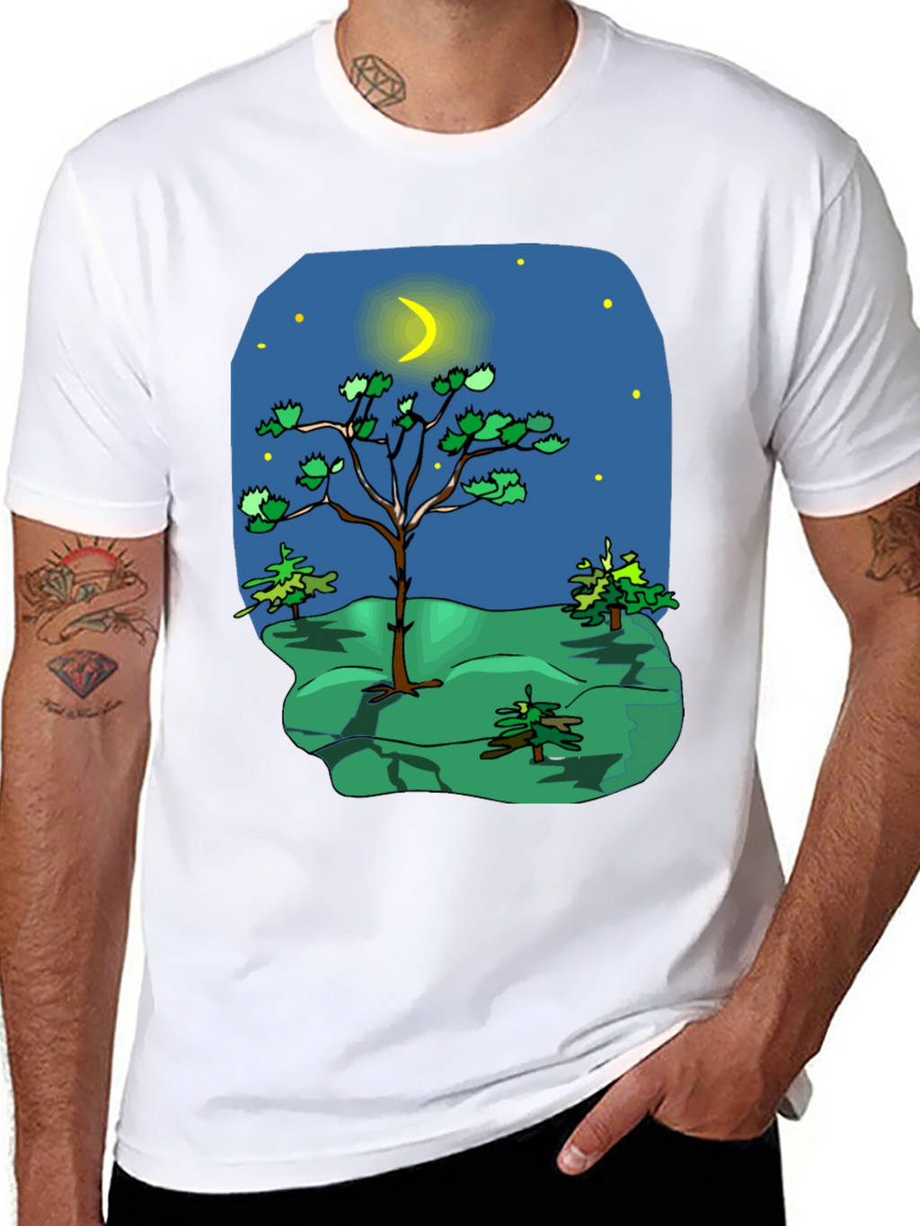 Cartoon Nature Scene Black T-Shirt