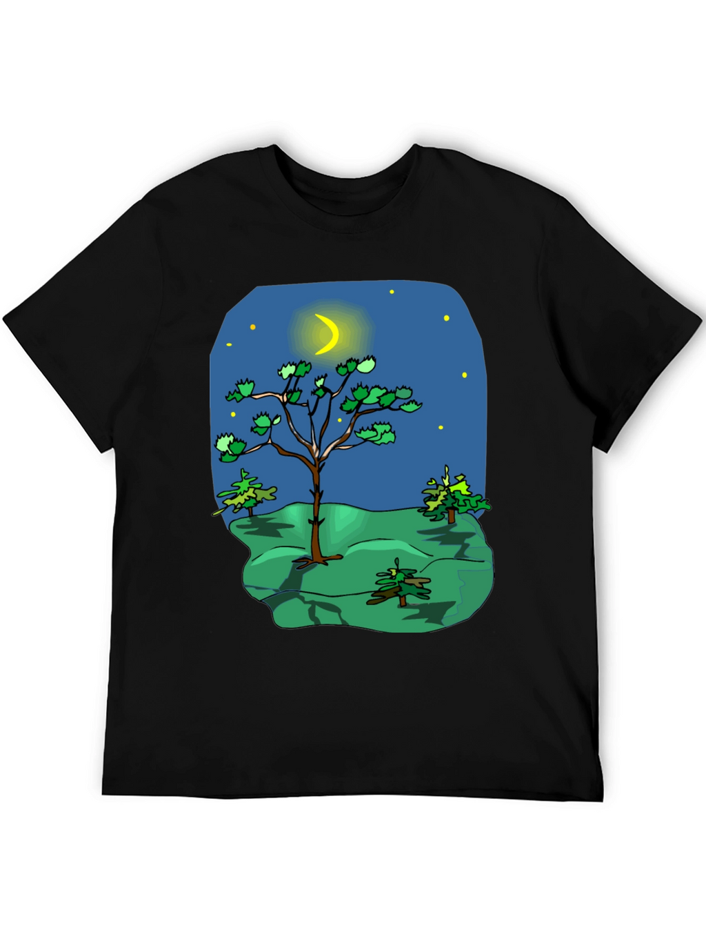 Cartoon Nature Scene Black T-Shirt