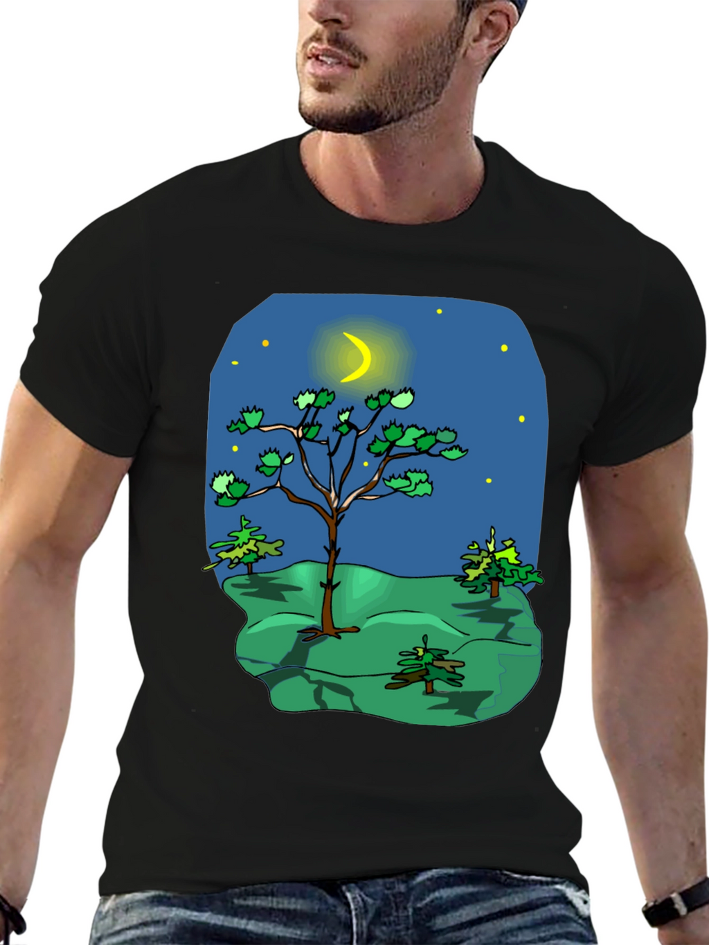 Cartoon Nature Scene Black T-Shirt
