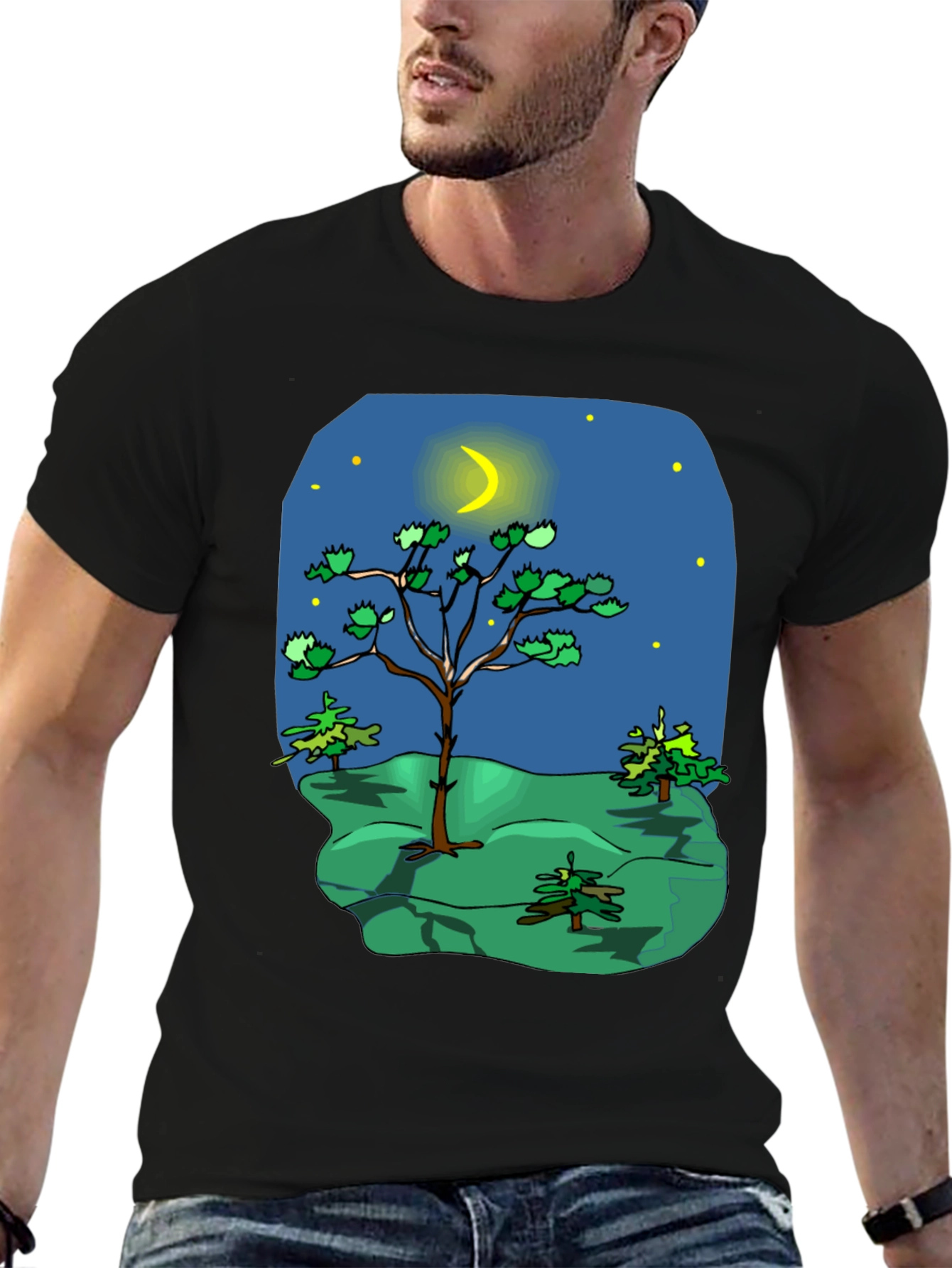 Cartoon Nature Scene Black T-Shirt