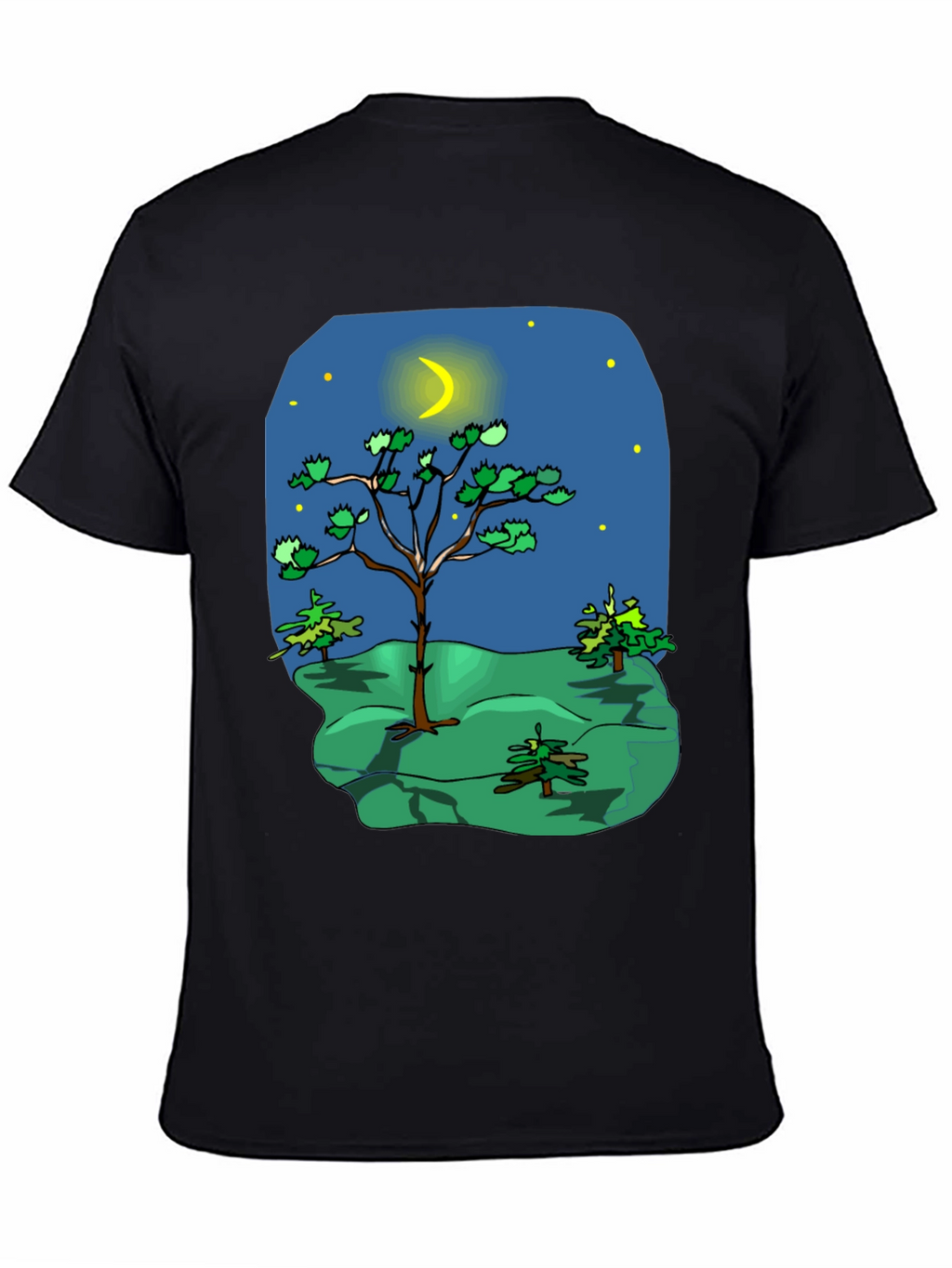 Cartoon Nature Scene Black T-Shirt