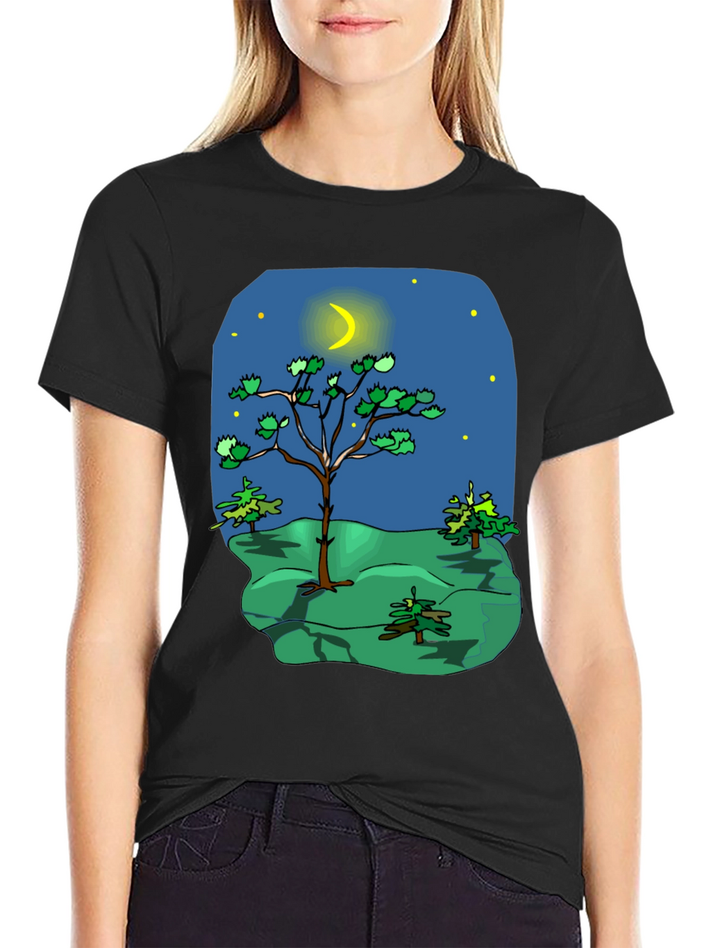 Cartoon Nature Scene Black T-Shirt