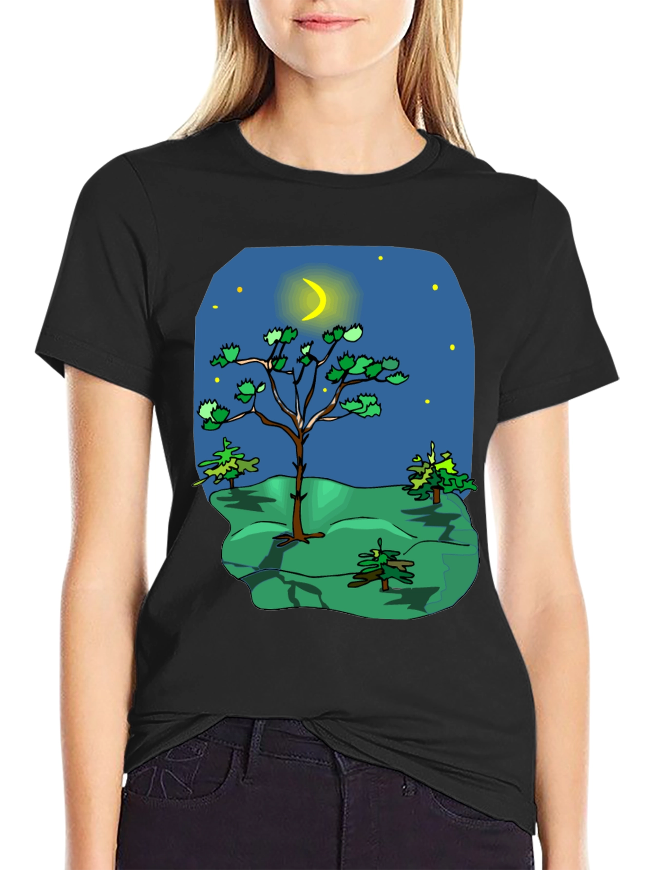 Cartoon Nature Scene Black T-Shirt