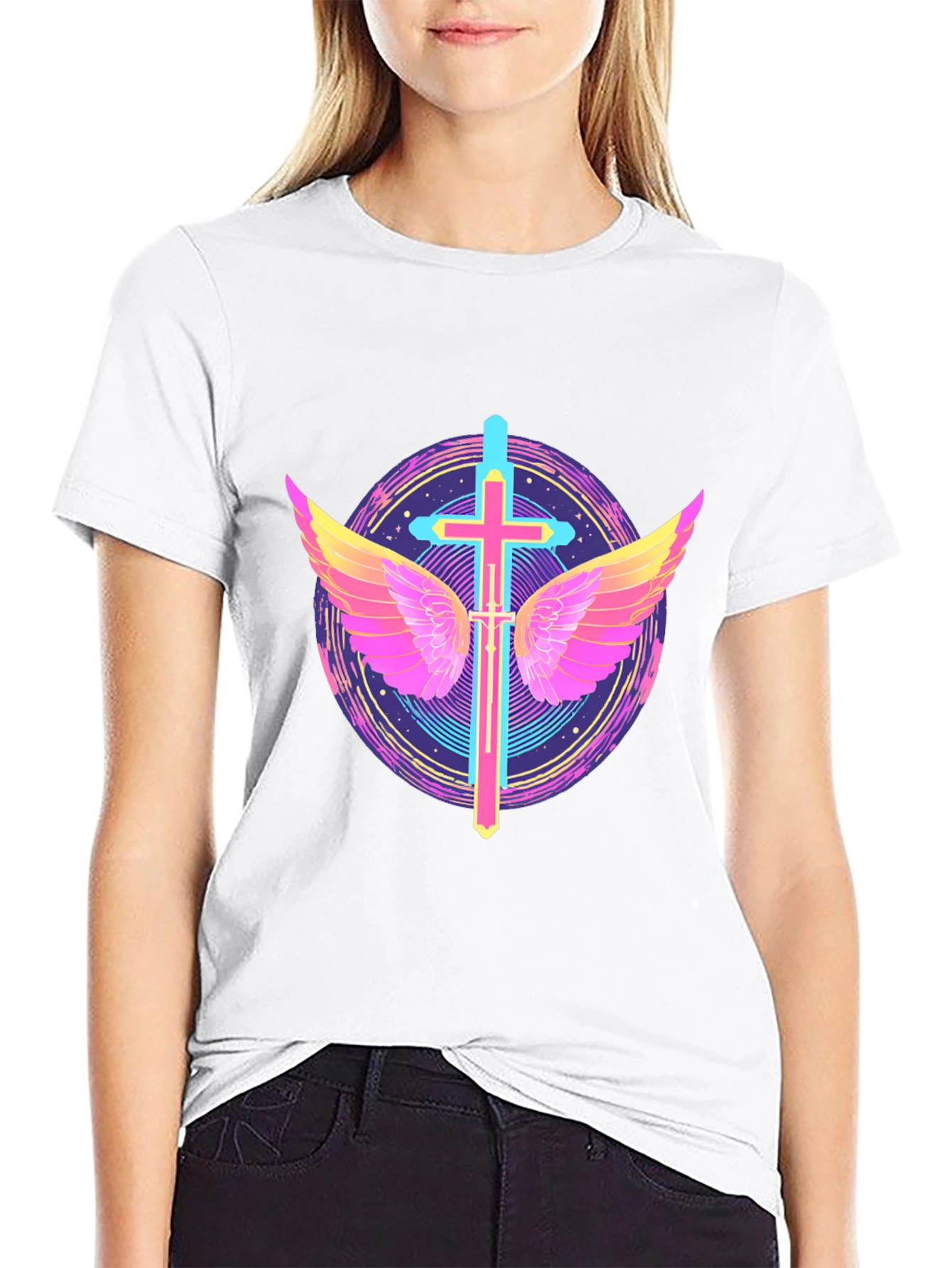 Neon Cross & Wings Graphic Black T-Shirt
