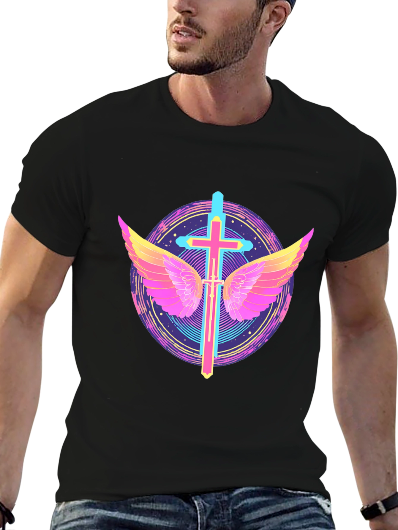 Neon Cross & Wings Graphic Black T-Shirt
