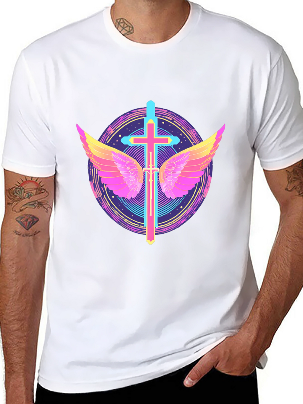 Neon Cross & Wings Graphic Black T-Shirt