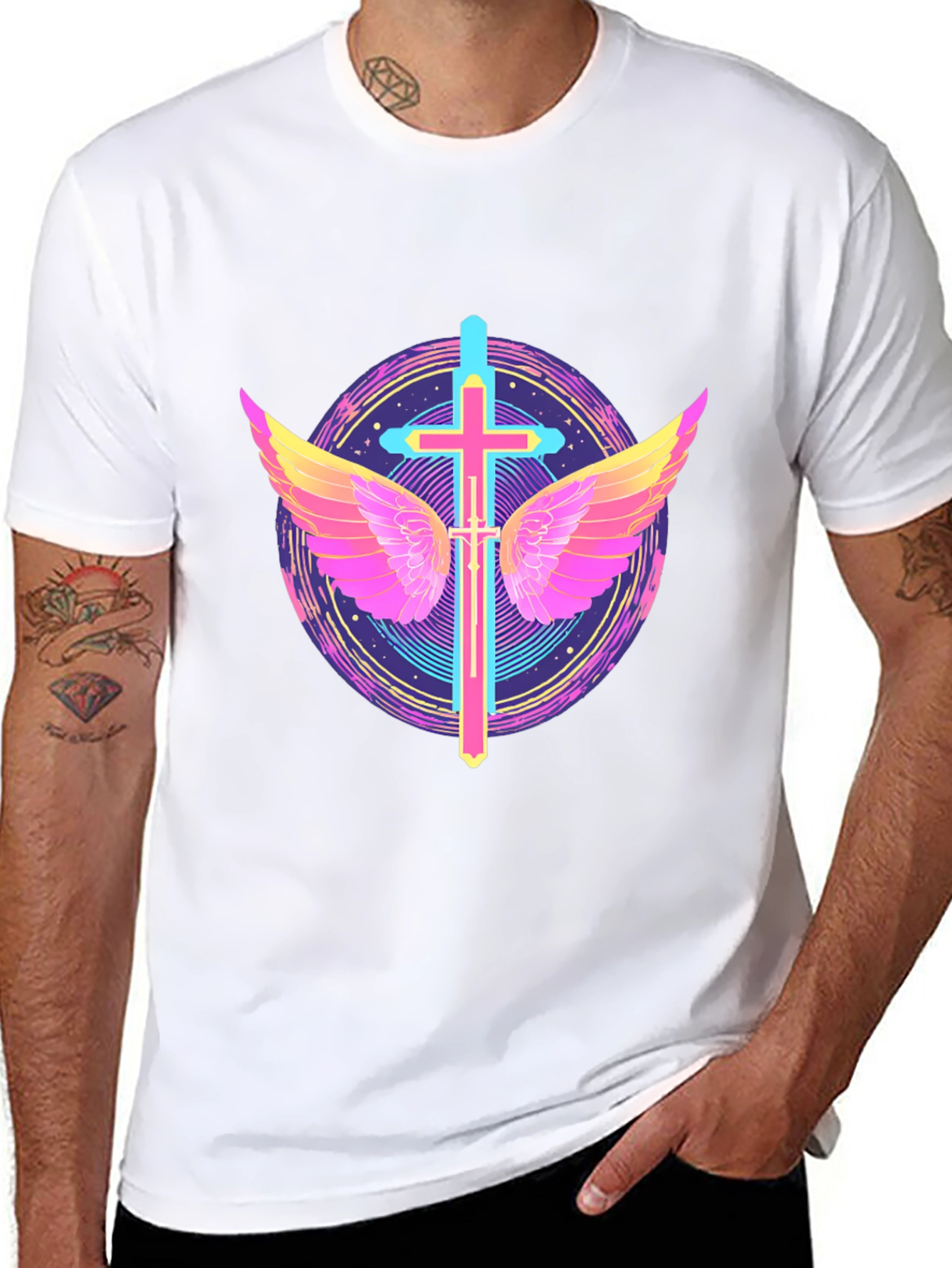 Neon Cross & Wings Graphic Black T-Shirt