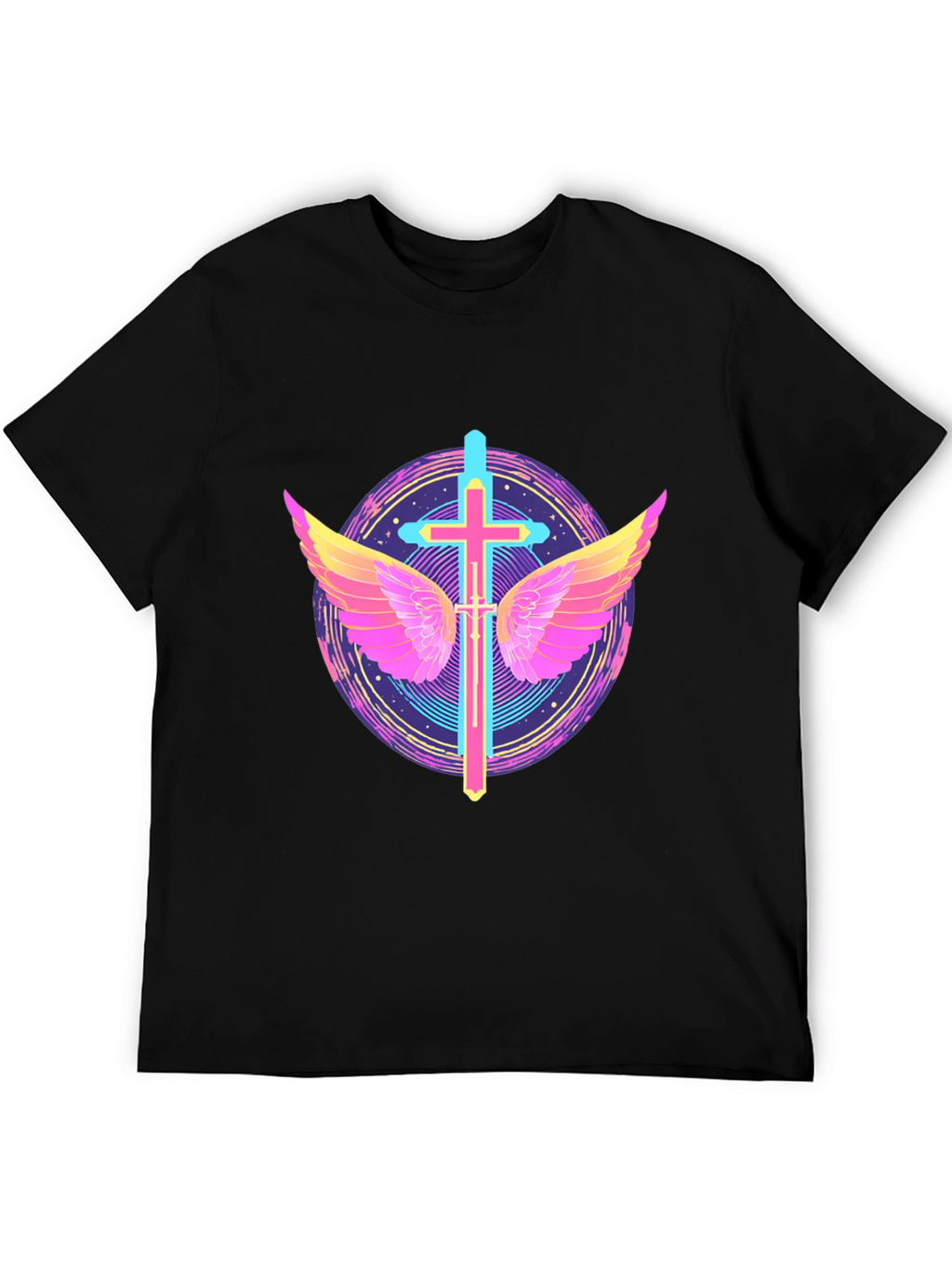 Neon Cross & Wings Graphic Black T-Shirt