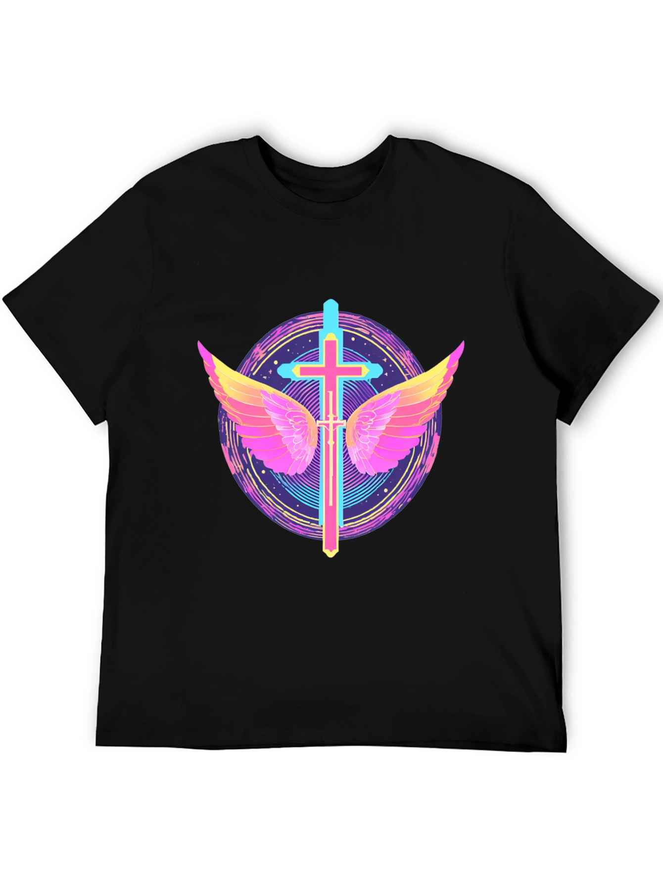 Neon Cross & Wings Graphic Black T-Shirt