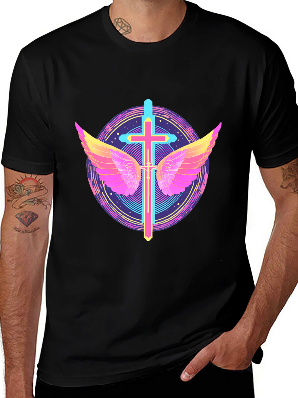 Neon Cross & Wings Graphic Black T-Shirt
