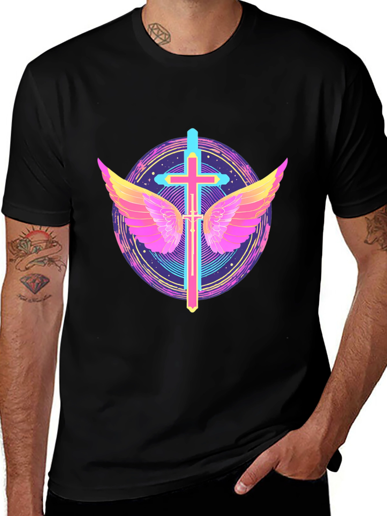 Neon Cross & Wings Graphic Black T-Shirt
