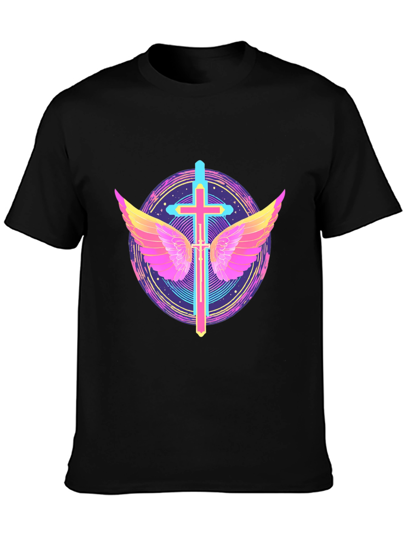 Neon Cross & Wings Graphic Black T-Shirt