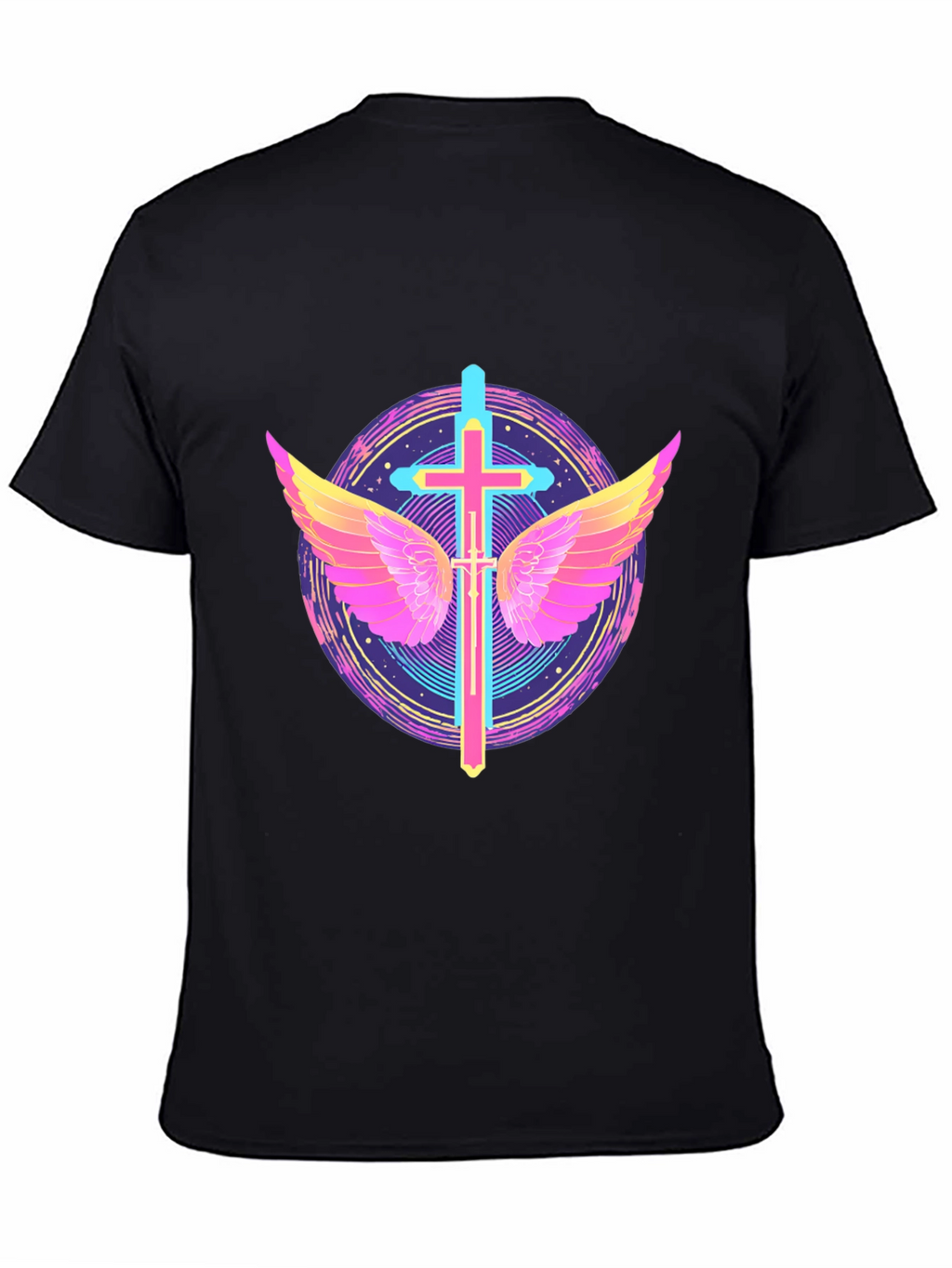 Neon Cross & Wings Graphic Black T-Shirt