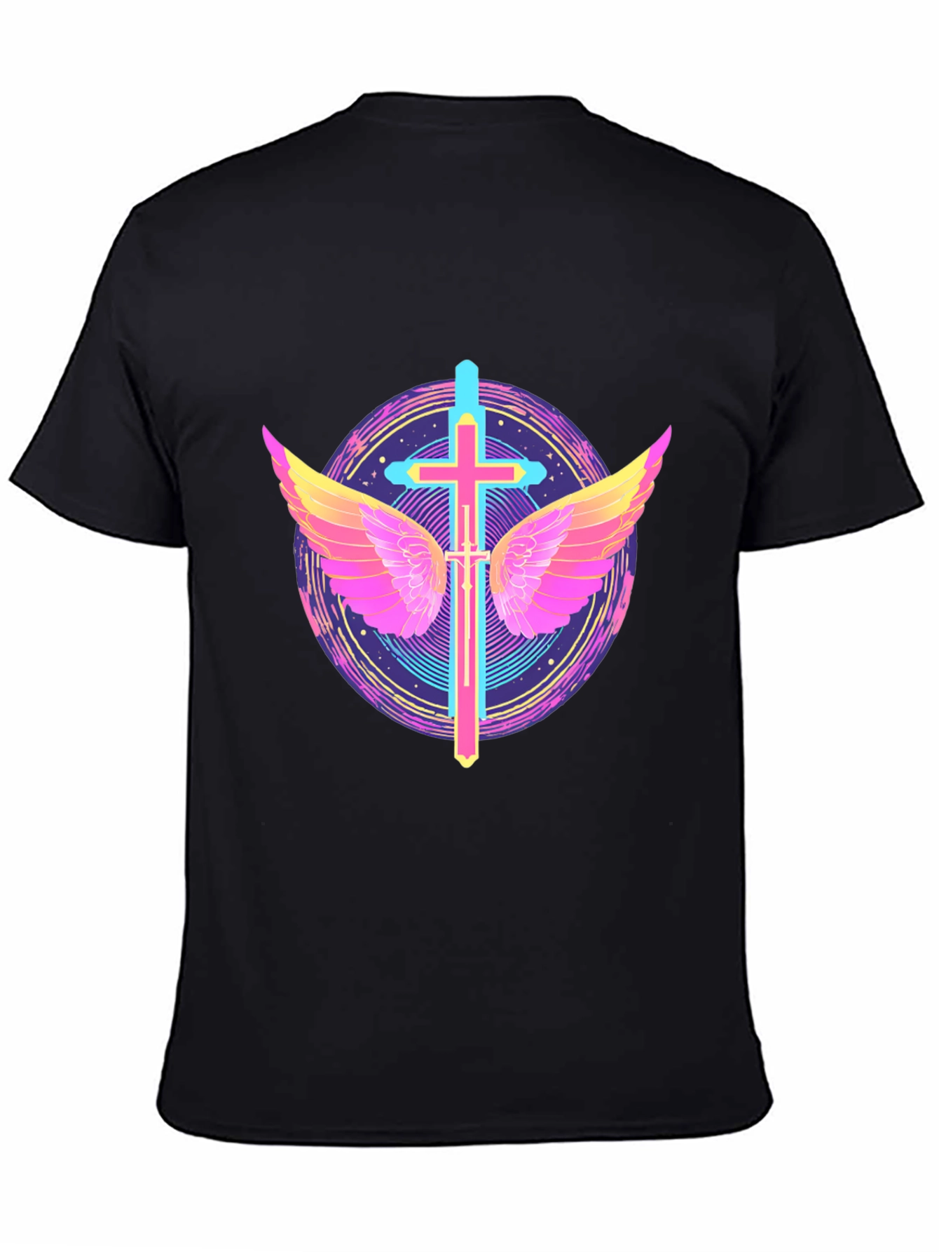 Neon Cross & Wings Graphic Black T-Shirt