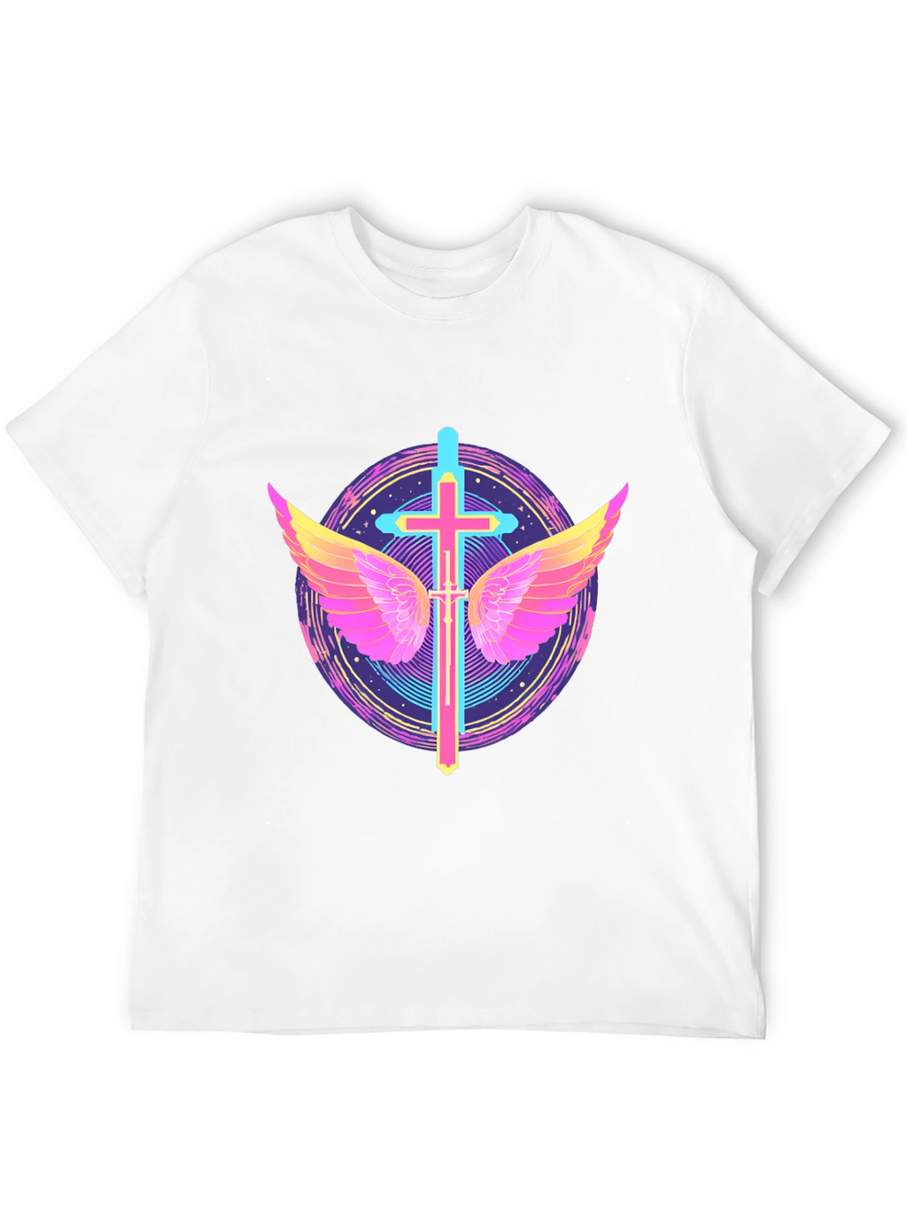Neon Cross & Wings Graphic Black T-Shirt