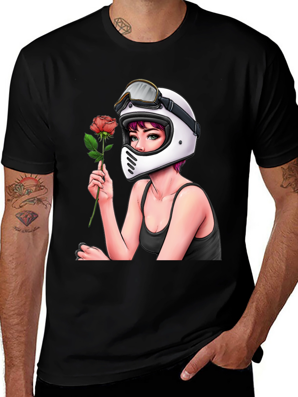 Biker Girl with Rose Black T-Shirt