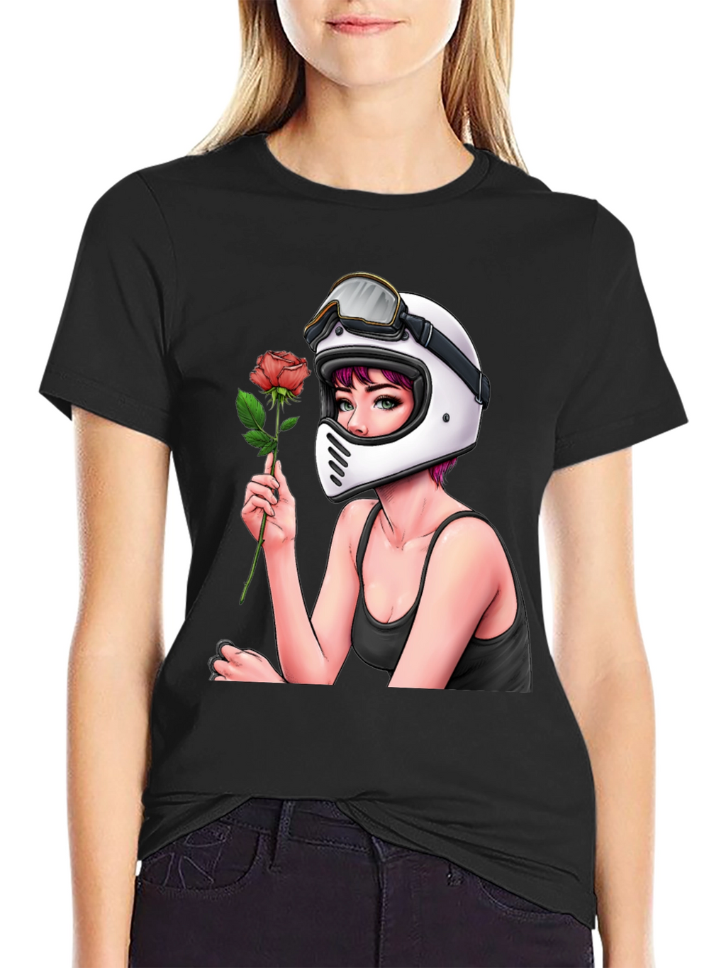 Biker Girl with Rose Black T-Shirt
