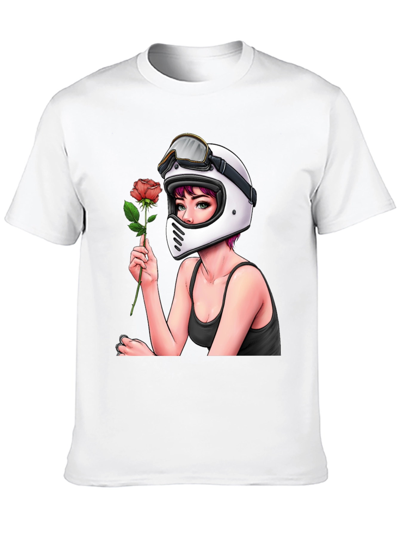 Biker Girl with Rose Black T-Shirt