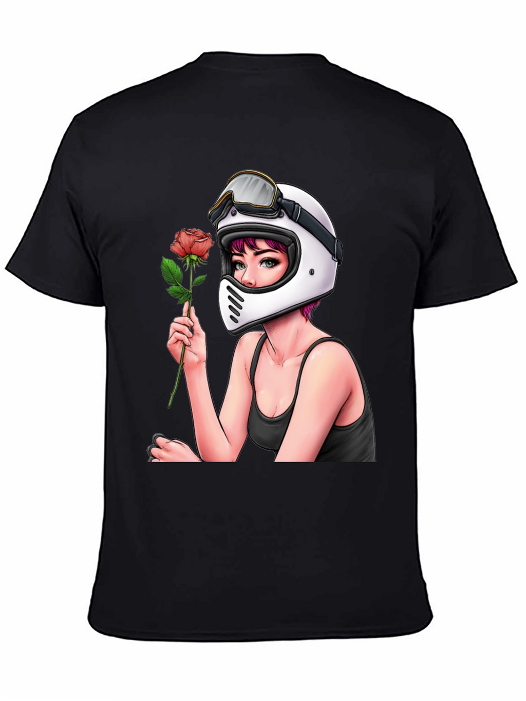Biker Girl with Rose Black T-Shirt