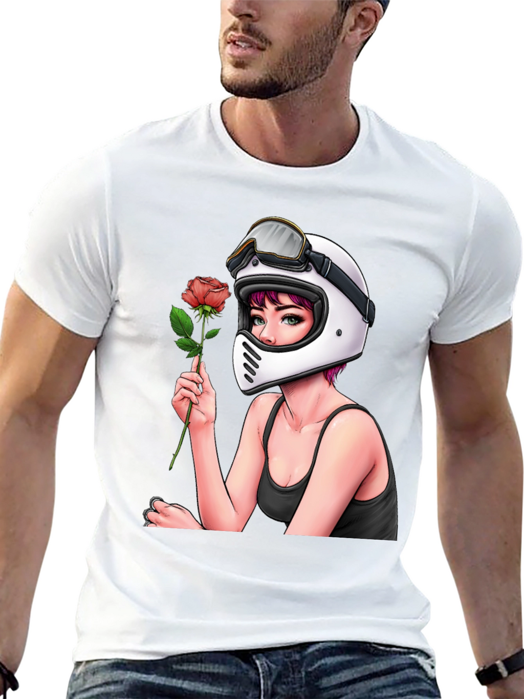 Biker Girl with Rose Black T-Shirt