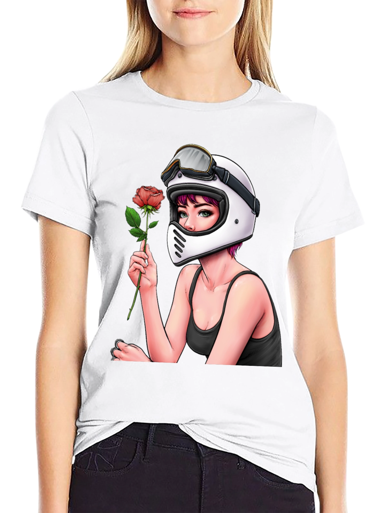 Biker Girl with Rose Black T-Shirt