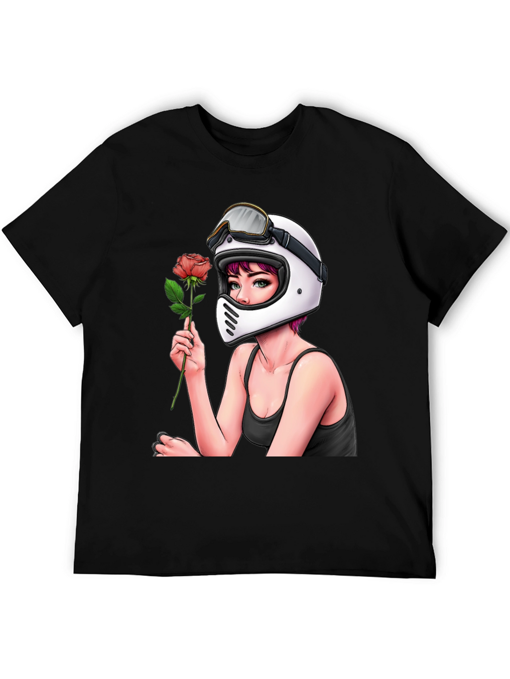 Biker Girl with Rose Black T-Shirt