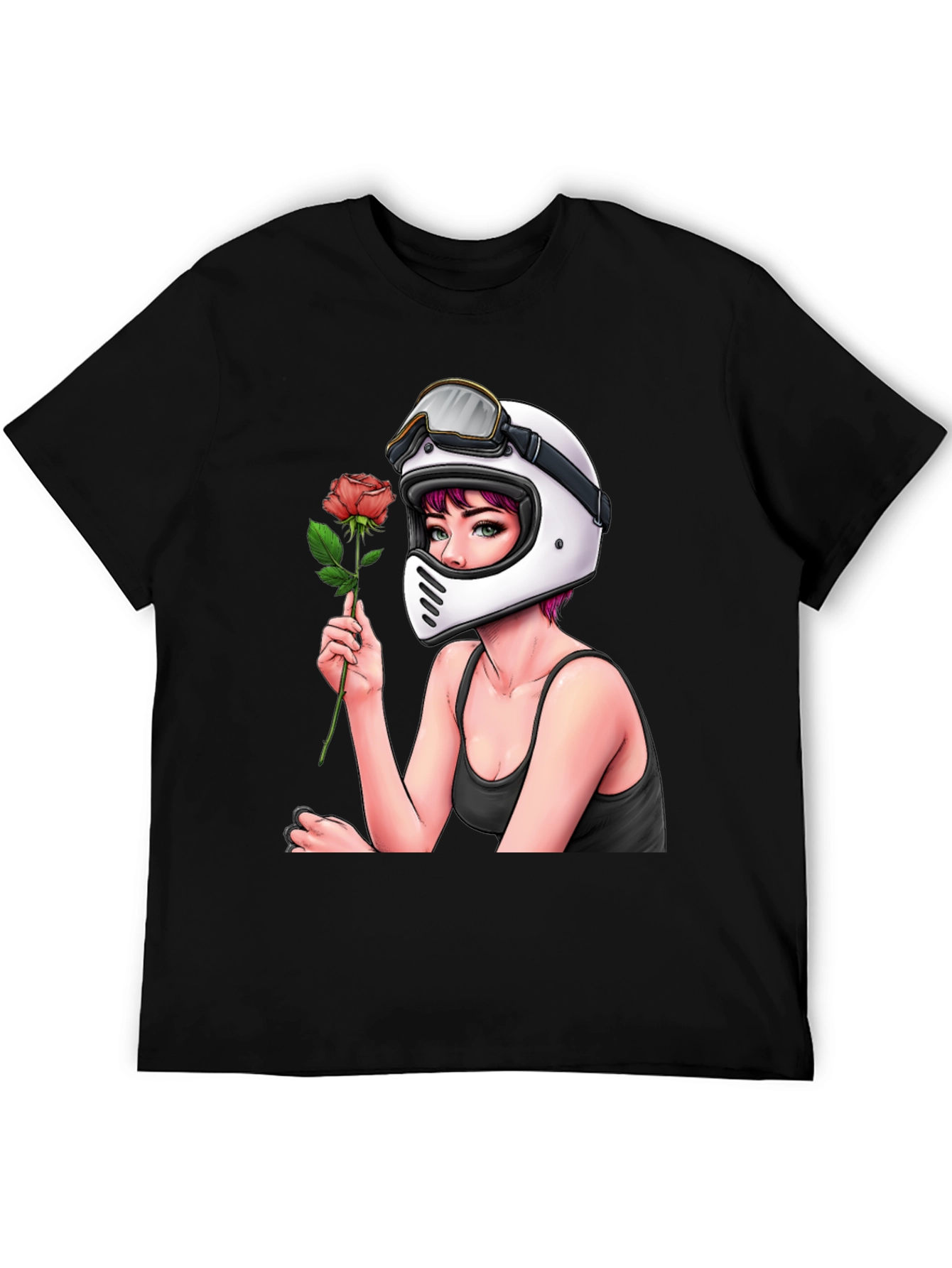 Biker Girl with Rose Black T-Shirt