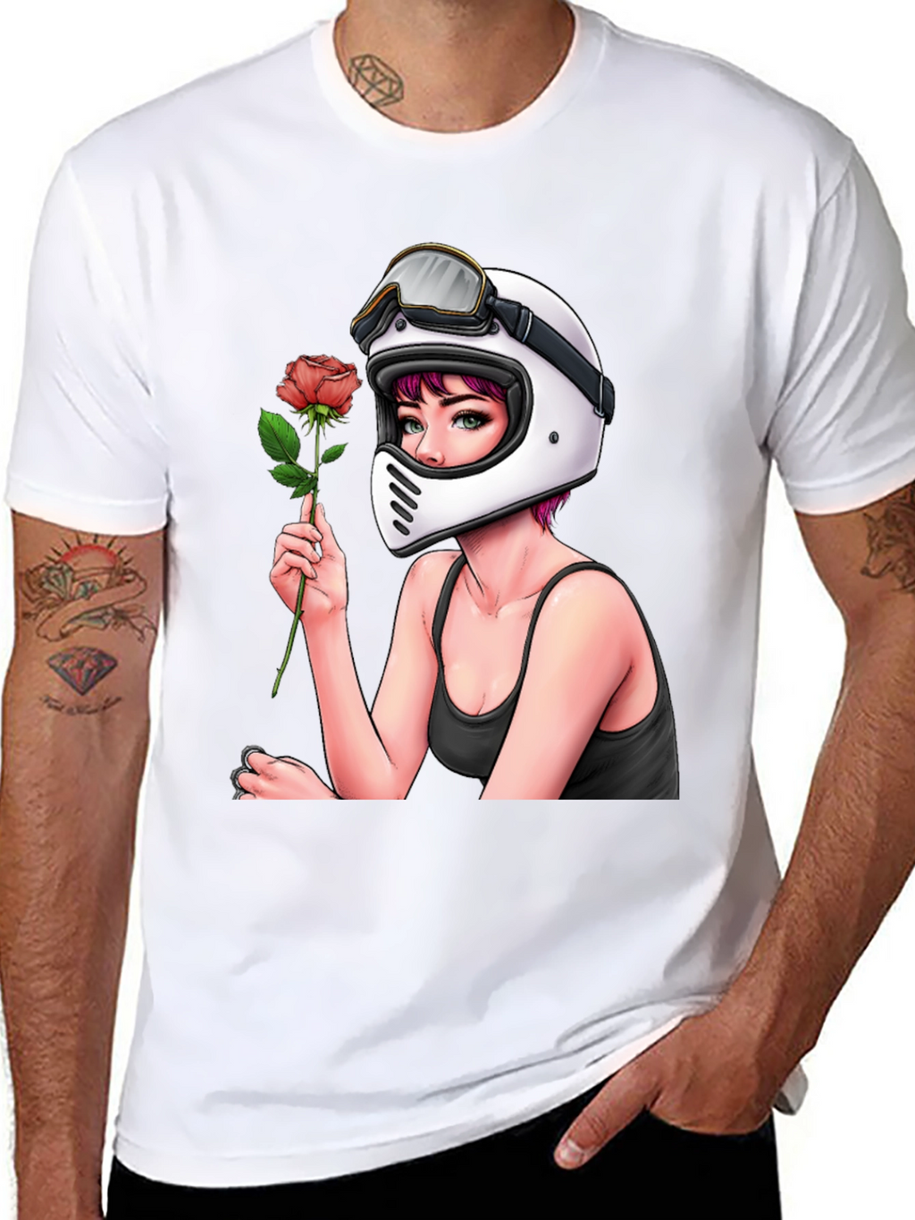 Biker Girl with Rose Black T-Shirt