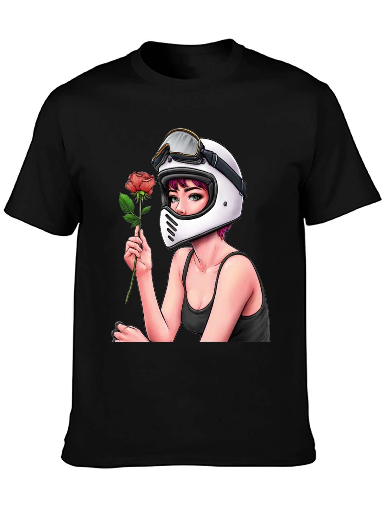 Biker Girl with Rose Black T-Shirt