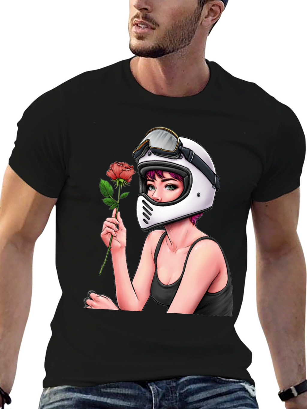 Biker Girl with Rose Black T-Shirt