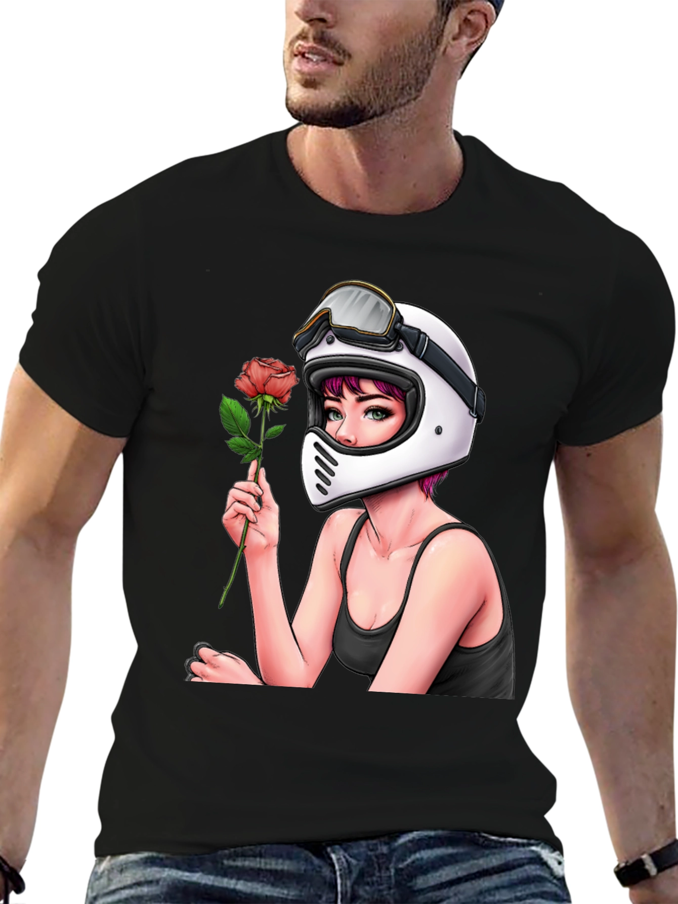 Biker Girl with Rose Black T-Shirt
