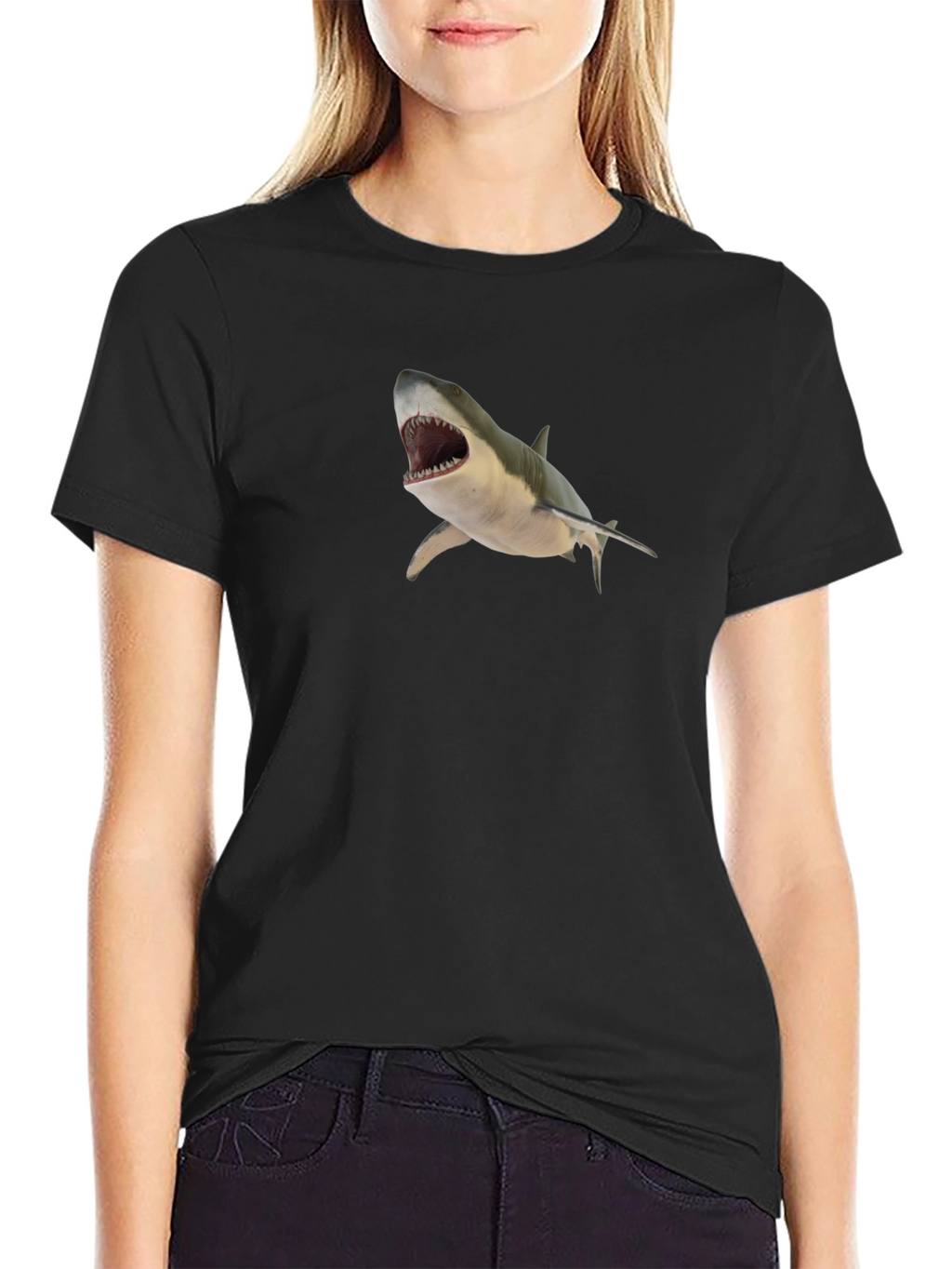 Shark Graphic T-Shirt - Mens Black Crew Neck Tee