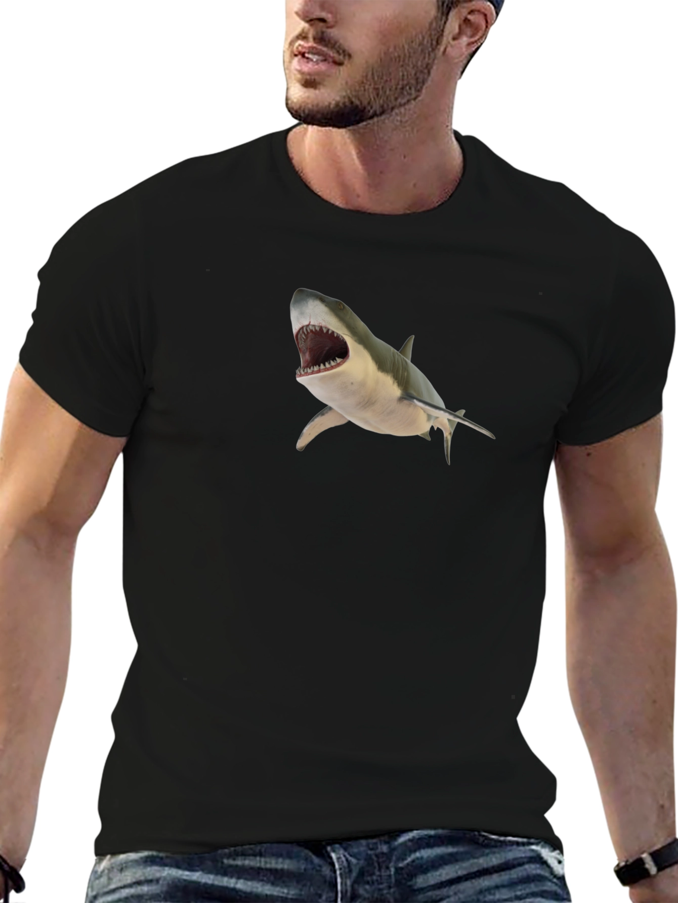 Shark Graphic T-Shirt - Mens Black Crew Neck Tee