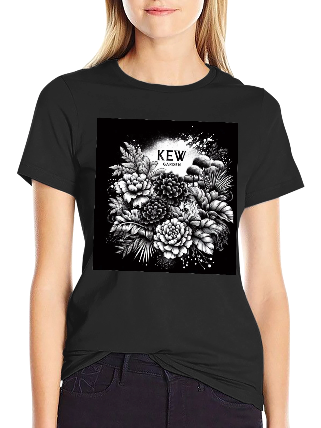 Kew Garden Floral Graphic Tee - Stylish Black T-Shirt