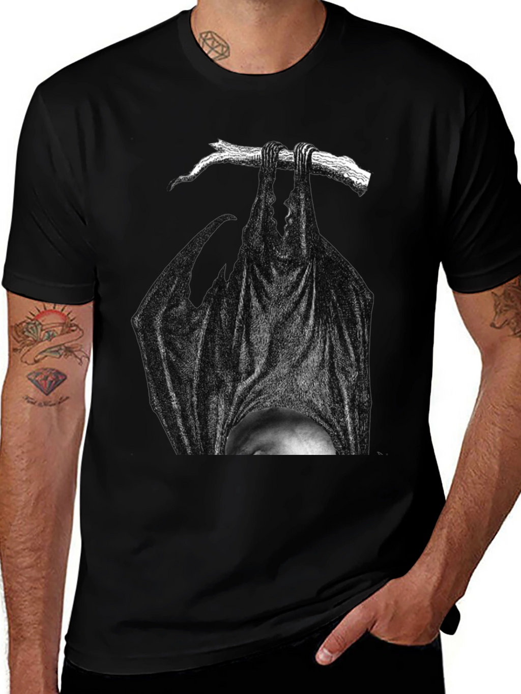 Hanging Bat Graphic Tee - Dark Humor T-Shirt
