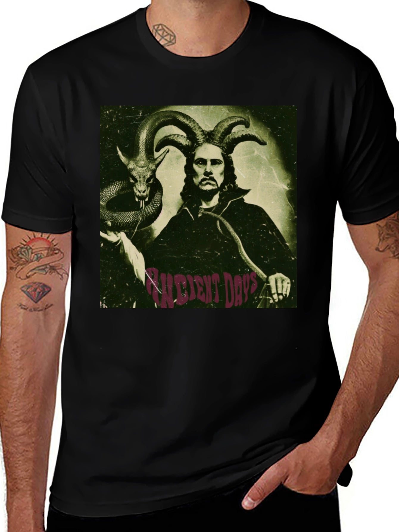 Occult Horned Man & Snake Graphic T-Shirt