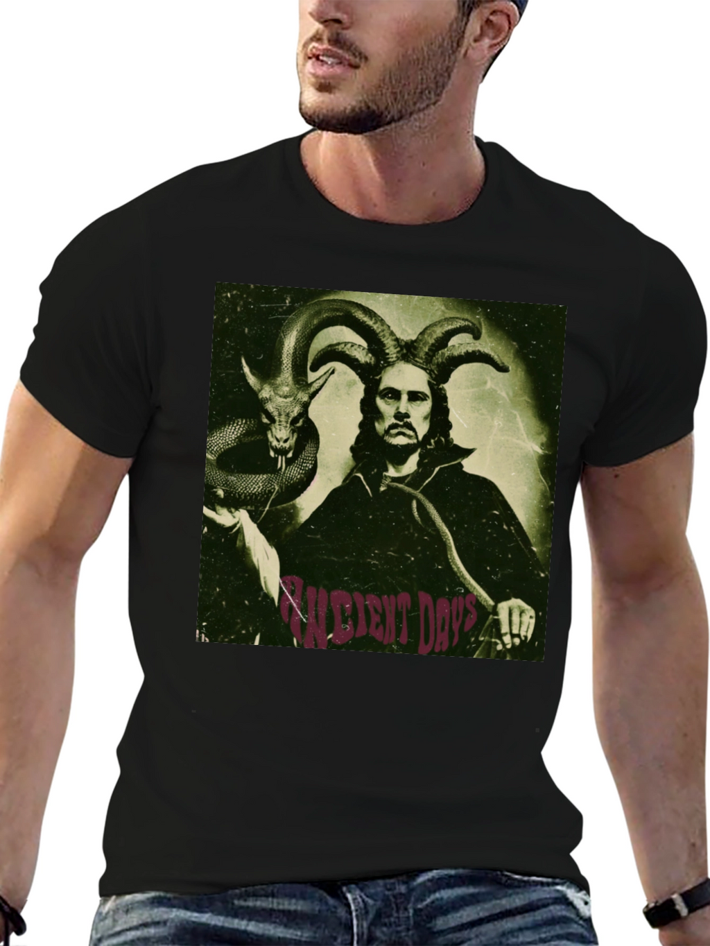 Occult Horned Man & Snake Graphic T-Shirt