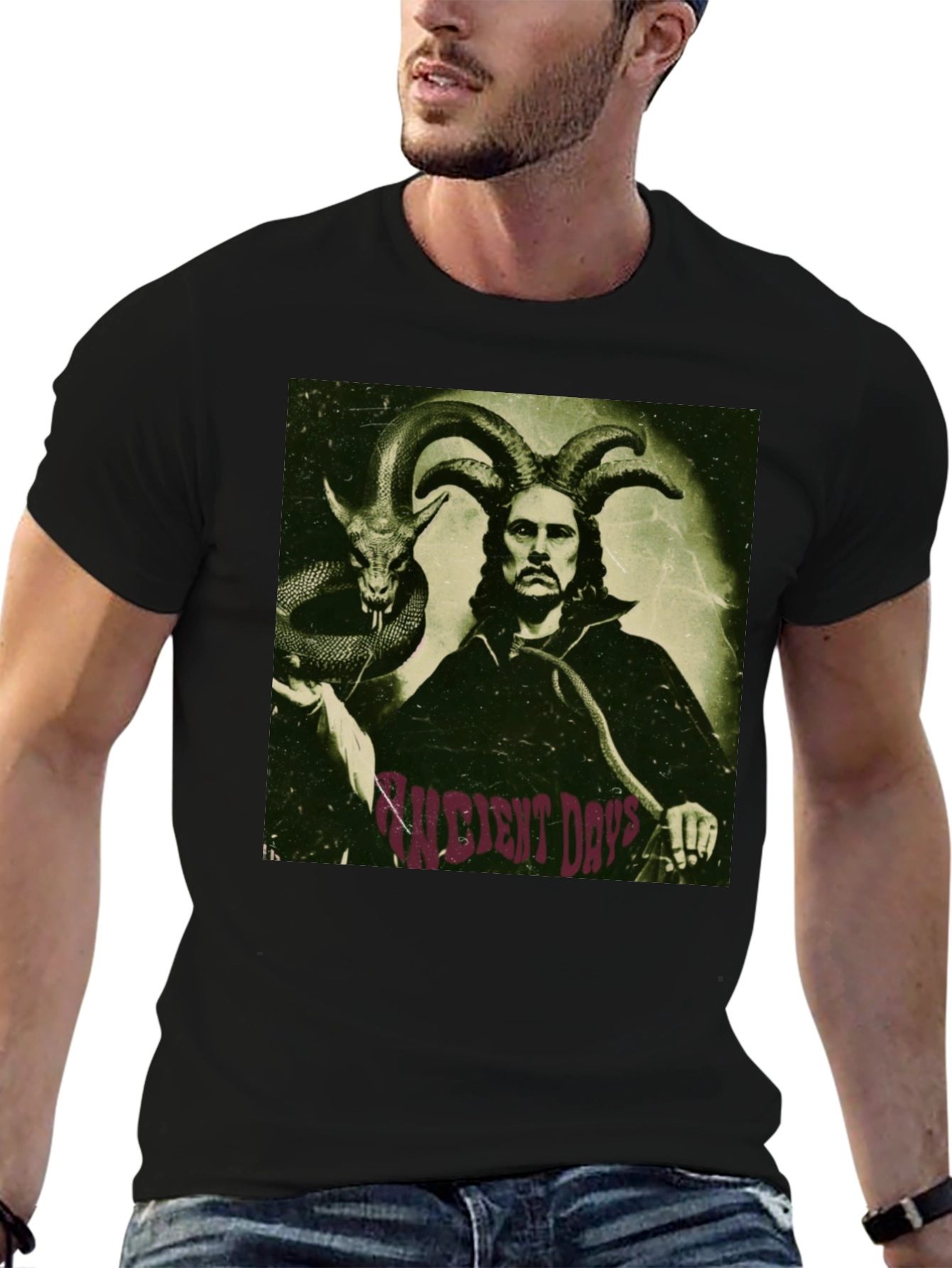 Occult Horned Man & Snake Graphic T-Shirt
