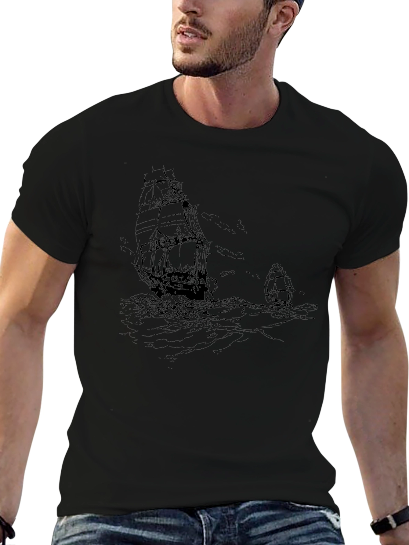Vintage Ship Graphic Black T-Shirt
