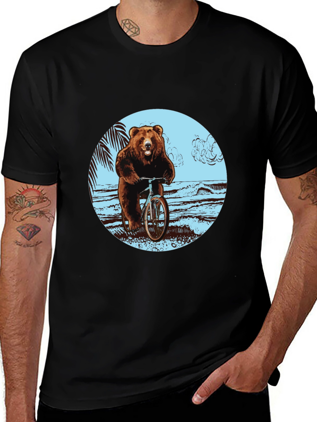 Bear on Bike Graphic Tee - Black Cotton T-Shirt